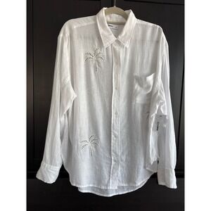 Linen Blend Plus XL Oversized Fit Palm Tree Cut Out Relaxed Button‎ Up Blouse